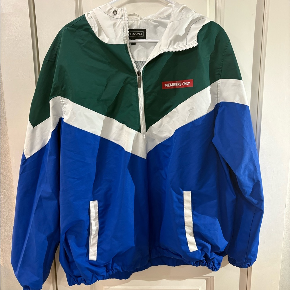 Members Only Color Block Jacket in Blue Green and White MEMBERS ONLY spelled out